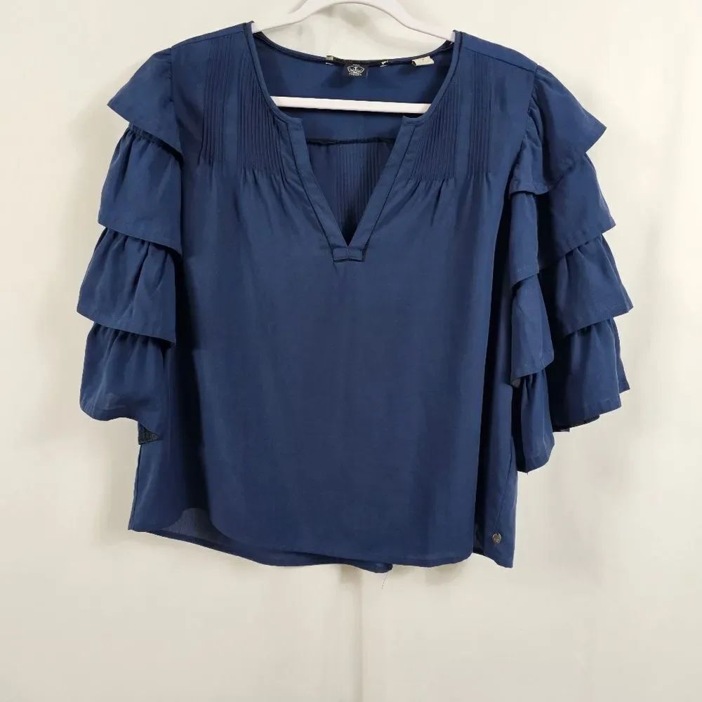 Scotch & Soda Tiered Sleeve V-Neck Blouse in Navy in S